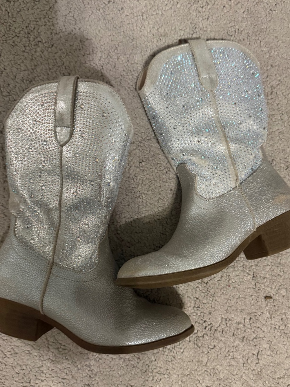 Girls Sparkly Silver Rhinestone Western Cowgirl Boots - Size 13